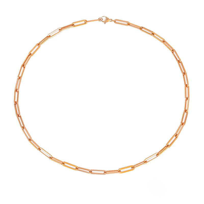 Women's gold chain necklace, stainless steel, elegant interlocking links, polished finish, hypoallergenic, adjustable length, versatile accessory.