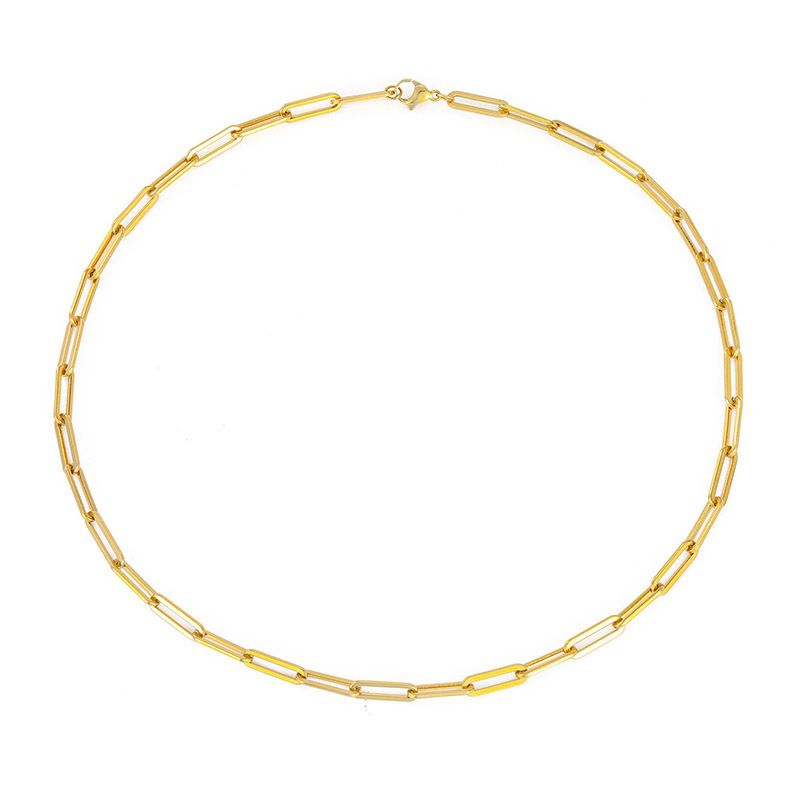 Women's gold chain necklace, stainless steel, elegant interlocking links, polished finish.